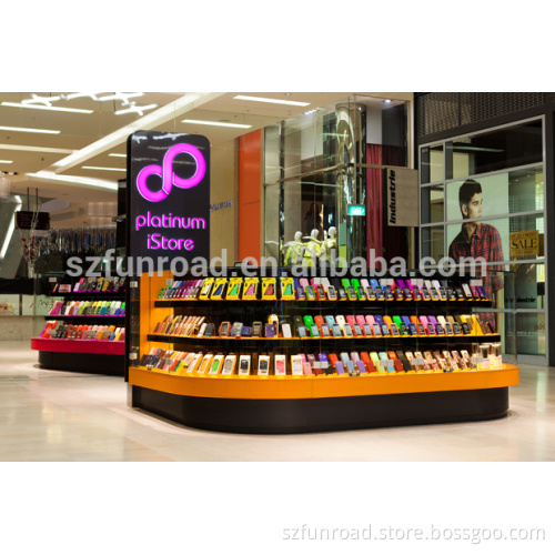 Mobile phone accessories kiosk designs LED lighted glass display counters
